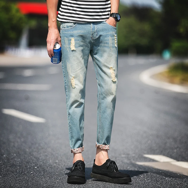 

Hole Jeans Men 2017 Autumn New Men's Clothing Straight Jeans Fashion Casual Solid Pants Light blue High Quality Biker Jeans