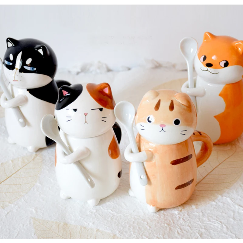 

Cute Creative Cartoon Husky Ceramic Personality Mug with Spoon Office Milk Coffee Tumbler hand-Colored Breakfast Mug