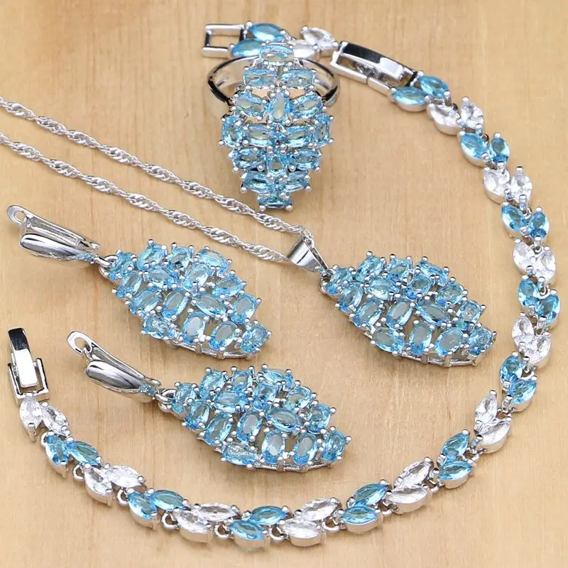 Небесно-Голубой циркон белый CZ 925 пробы серебряные Ювелирные наборы для женщин вечерние серьги/кулон/ожерелье/Кольца/Браслеты