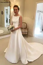 Robe De Mariee атласные простое свадебное платье Сексуальная спинки О-образным вырезом развертки поезд большой лук А-силуэта Свадебные платья