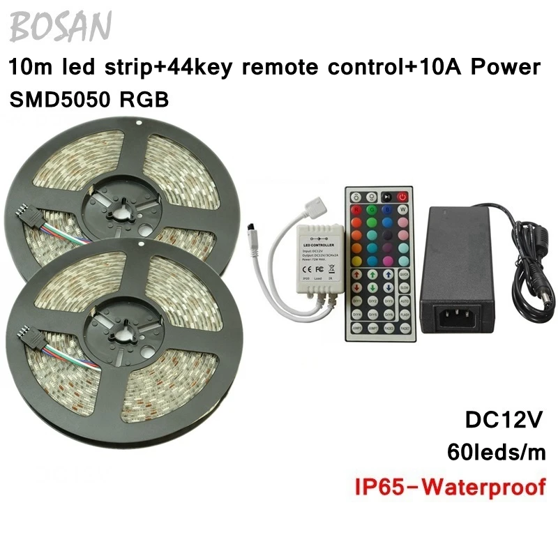 

10M 5M 5050 RGB LED strip light non waterproof led light 10M flexible rgb diode led tape set+44 key Remote Control+Power Adapter