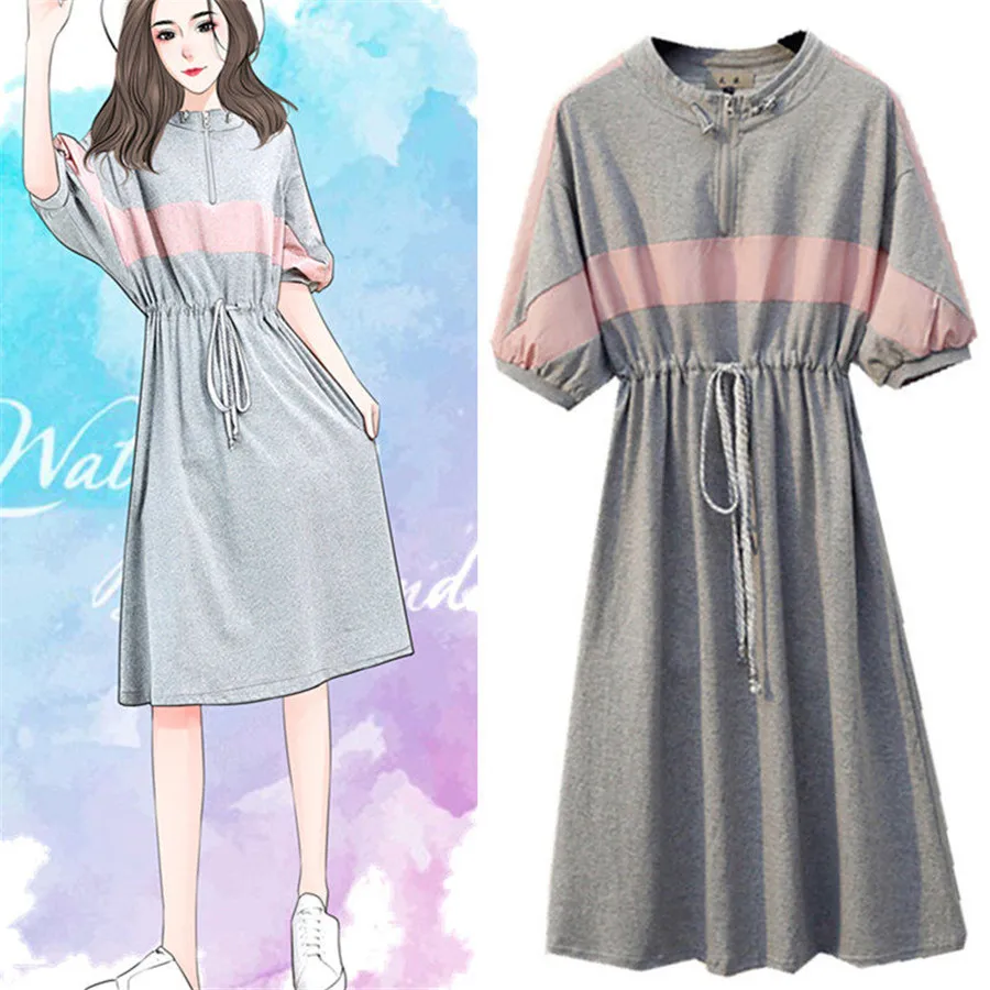 

2019 summer soft short sleeve dress tied waist zip up short sleeves pleated Summer Ladies Mini Dress Street wear