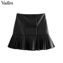 Vadim женские черные плиссированные юбки из искусственной кожи с пуговицами decorat chic faldas mujer Стильные повседневные однотонные милые мини юбки BA207