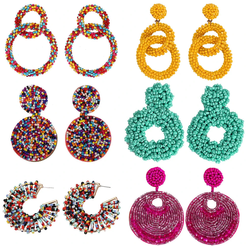 

Girlgo 6 Design Handmade Round Beads Drop Earrings For Women Bohemia Multicolor Beaded Circle Statement Earrings Dangle Jeweley