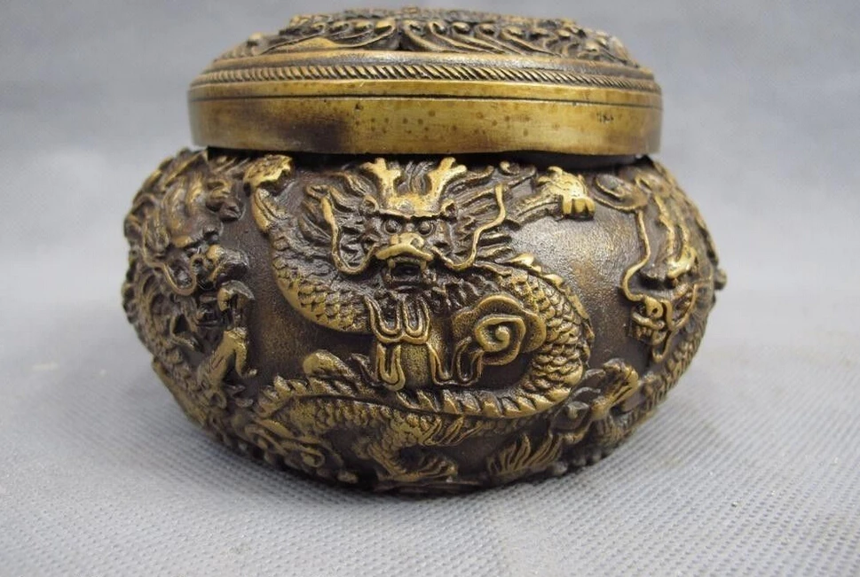 

7.5cm Chinese Buddhism Copper Bronze Two Dragon Play Bead censer Incense burner