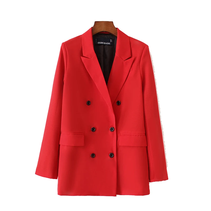 

2018 New Arrival Autumn Winter Women Red Blazer Double-Breasted Button Notched Collar Flap Pockets OL Work Office Suits Outwear