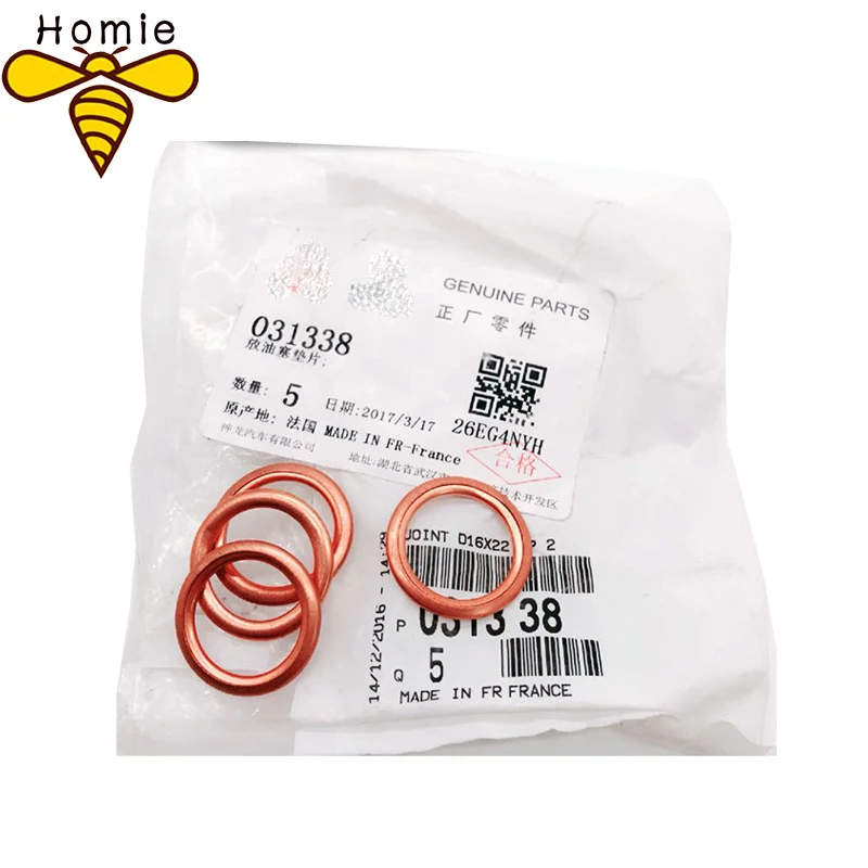 

5Pcs/Bag NEW E*ngine Oil Drain Plug Nut Gasket 031338 For Peugeot 207 308 3008 Citroen C3 C4 PICASSO 1.2T 1.6T 1.8T 0313 38
