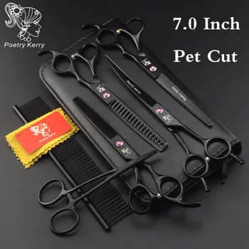 

7 inch Poetry Kerry "Professional pet grooming kit, direct and thinning dog scissors and curved pieces 4 pieces. black Pet cut