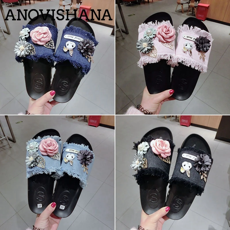 

ANOVISHANA korean slides woman flower beach slippers broken denim flat sandals ladies blue jeans platform pantoufle footwear
