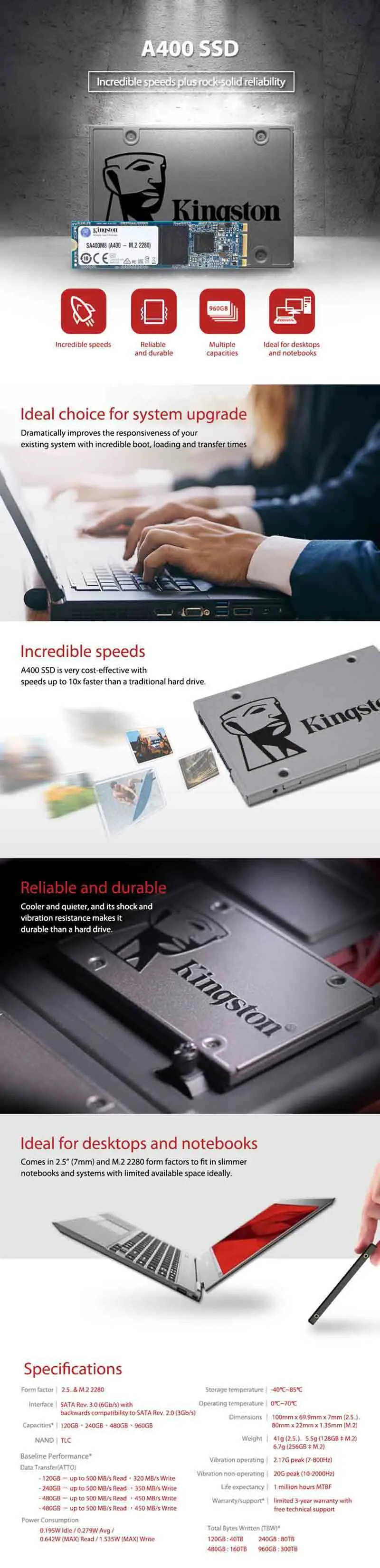 Kingston A400 SSD 120GB 240GB 480GB 2 шт 5 шт 10 шт ноутбук PC Внутренний твердотельный накопитель 2,5 дюймов