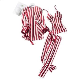 

Cute Stripe Women Pajamas Sets Sexy Silk Sleepwear Suit 3 Pcs Nightdress + Robe + Pants Satin Night Home Wear Pyjama Femme