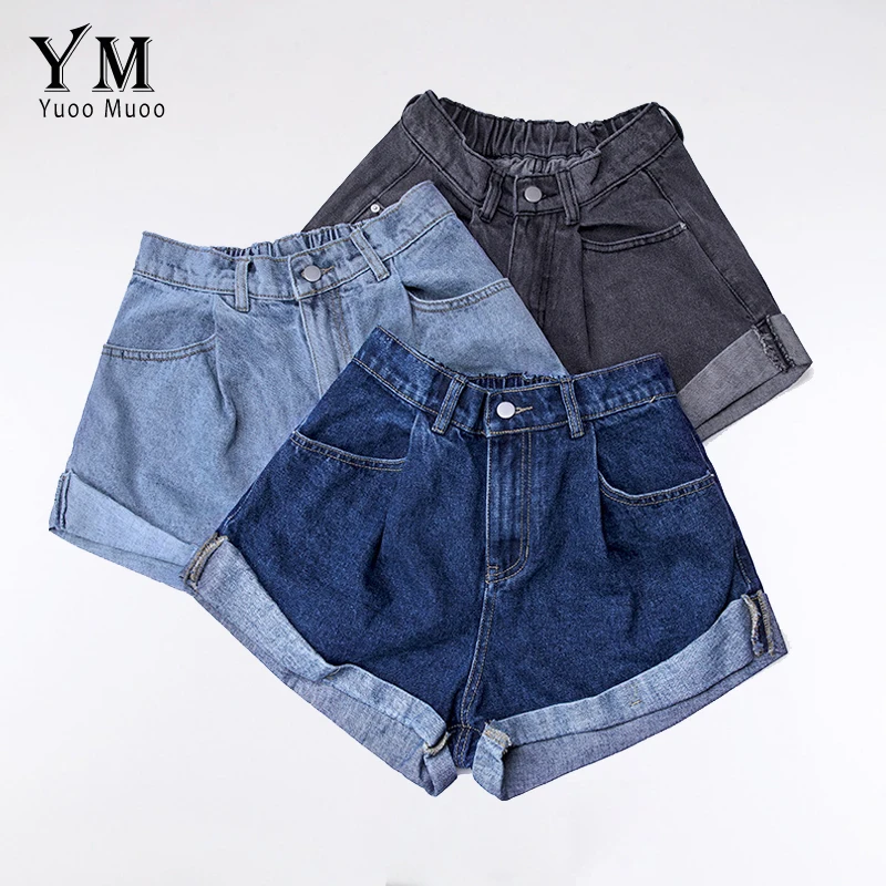 

YuooMuoo Europe Vintage Curling Denim Shorts for Women 2019 Summer Blue Trendy Casual Short Pants High Waist Shorts Jeans Mujer