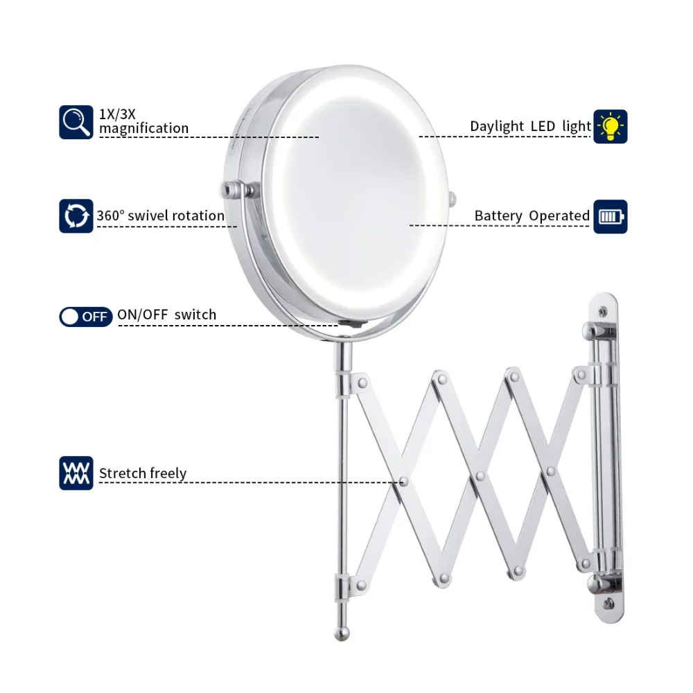مرآة لوضع مساحيق التجميل مرآة حمام Led الذراع التكبير الحائط قابل للتعديل مرآة لمستحضرات التجميل المزدوج الذراع تمديد 2-الوجه مرآة حمام مرآة لوضع مساحيق التجميل مرآة حمام Led الذراع التكبير الحائط قابل للتعديل مرآة لمستحضرات التجميل المزدوج الذراع تمديد 2-الوجه مرآة حمام