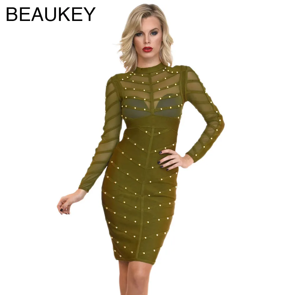 

Olive Green Black Nail Beaded Knee Length Mesh Rivets 2015 Women Bodycon See Through Long SLeeve Bandage Dress