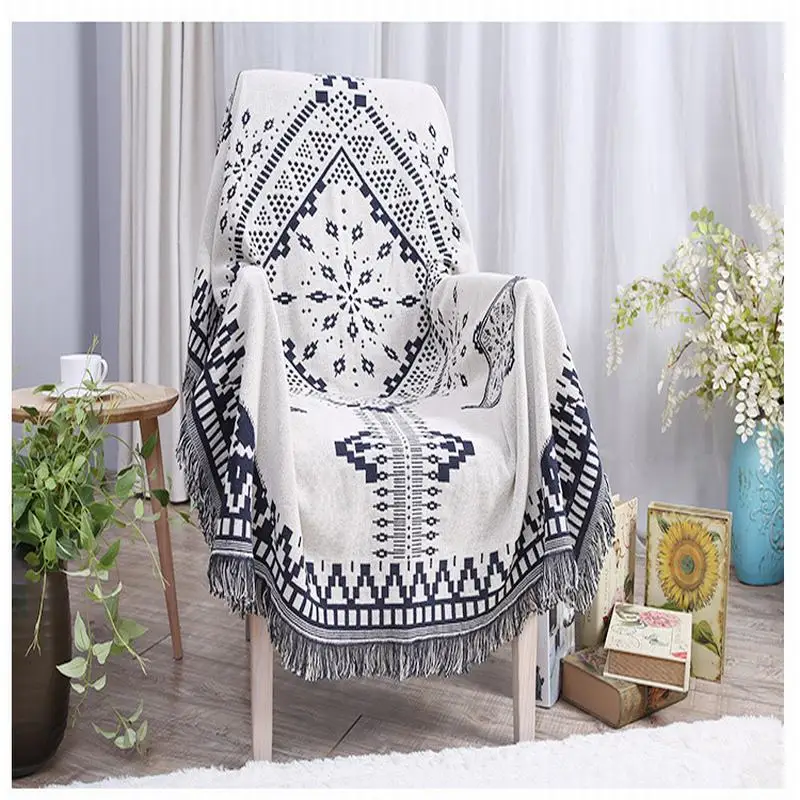

Bohemian Thicken Black-White Cotton Knitted Decorative Sofa Beds Blankets Thread Blanket Soft Vintage Home Decor Tapestry