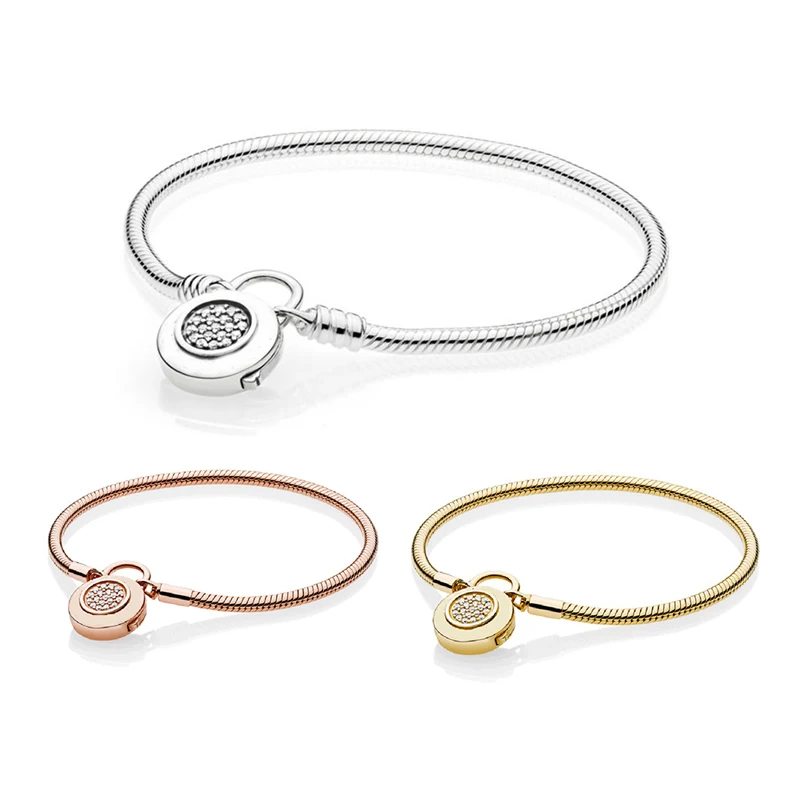 

3 Colors Options Signature Padlock Round Lock Snake Chain Smooth Charm Bracelets for Women DIY 925 Sterling Silver Bracelets