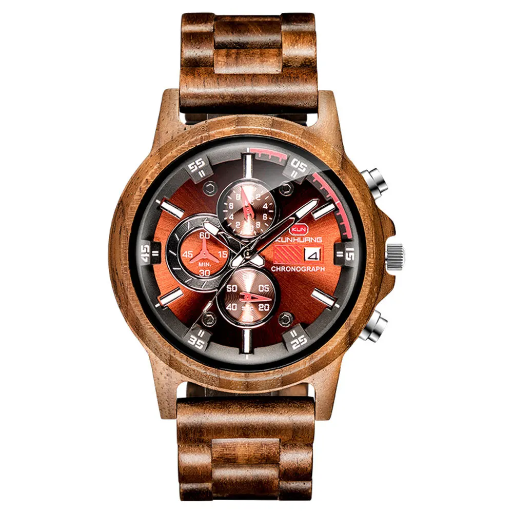 

2019 New Men's Multi-function Sports Wood Watch Sub-dials Wooden Watch Quartz Analog Movement Date Wrist Watch for Men