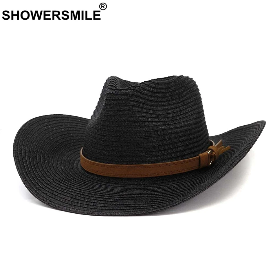SHOWERSMILE, летняя мужская шляпа, Панама, кофейные соломенные солнцезащитные шляпы с поясом, Женские винтажные ковбойские кепки с широкими полями, украшения для пляжа, УФ шляпы