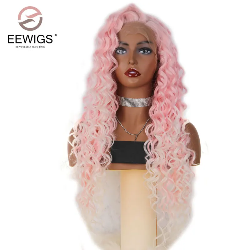EEWIGS длинные кудрявые Ombre красный парик Синтетический кружевной передний парик с естественными волосами 180% парики высокой плотности для черных женщин - Цвет: Ombre Pink