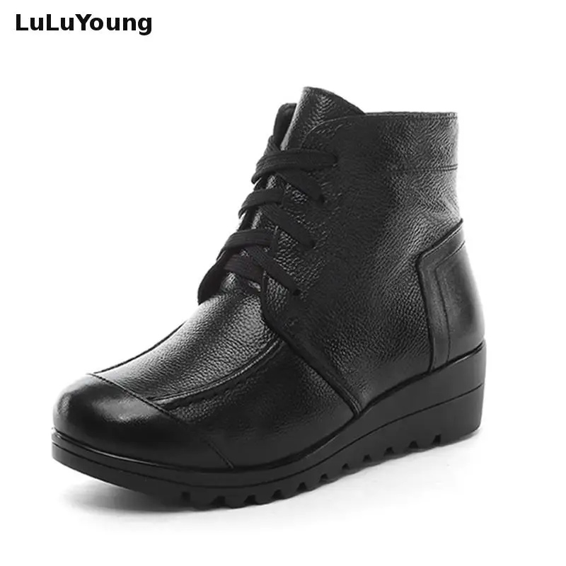 

Genuine Leather Lace Up Black Shoes Anti Slip Wedges Womens Ankle Boots Medium Heel