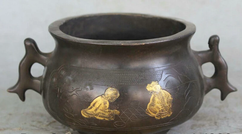 

song voge gem S2181 7 Marked Chinese Bronze 3 Foot Boy Girl Tong Zi Play Chess Incense Burner