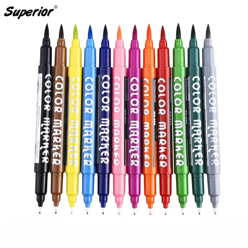 Superior 12Colors Art Markers Dual Watercolor Brush Marker Colored Pen Set for Artist Paints School Sketch Drawing Supplies | Канцтовары