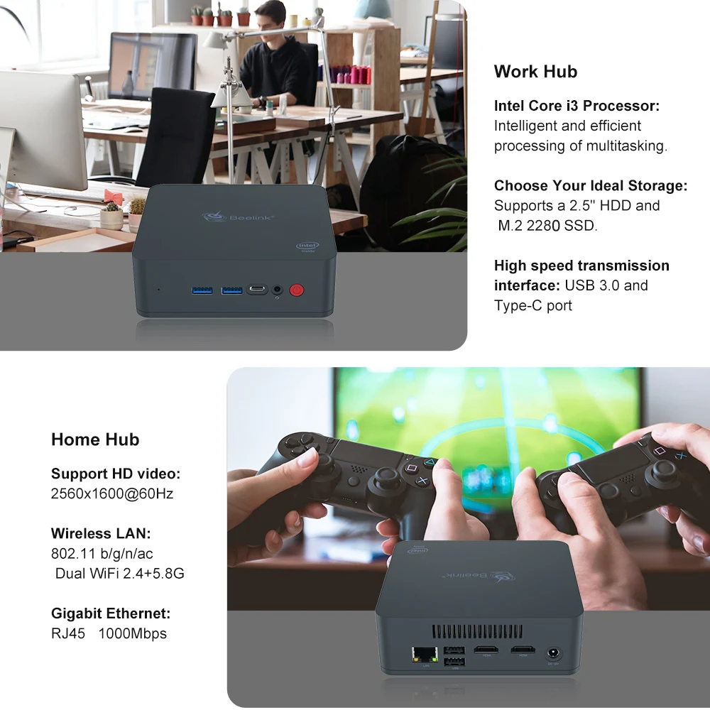 Beelink U55 мини-ПК в Core i3-5005U в HD graphics 5500 2,4G+ 5,8G WiFi 1000 Мбит/с 2 x USB3.0 BT4.0 поддержка Win Home 64 Bit