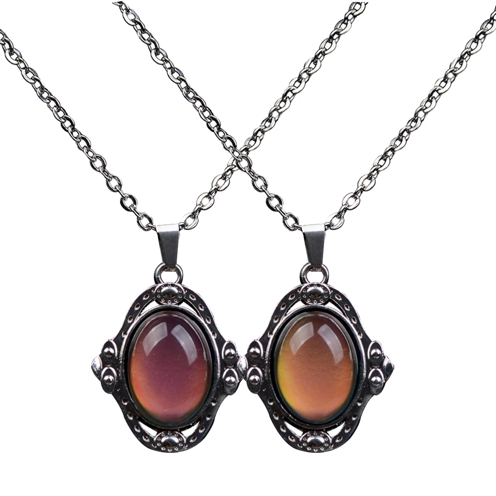 MagiDeal 2pcs Vintage Oval Stone Color Change Pendant Emotion Mood Necklace Woman Ladies Jewelry Gift