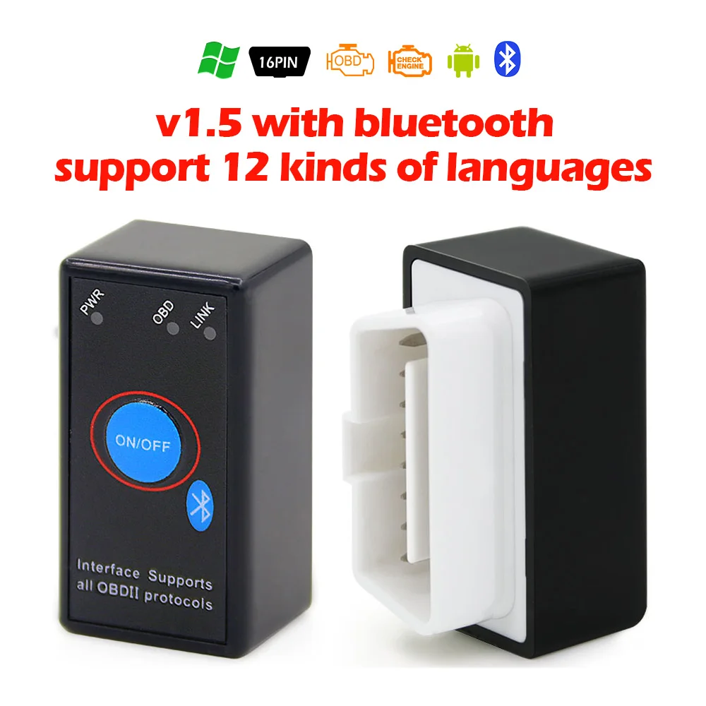 Elm327 obd2 bluetooth v1.5 obd ii Поддержка obd 2 протоколы автоматический диагностический инструмент считыватель кода лучше, чем elm327 obdii v2.1 - Цвет: with button