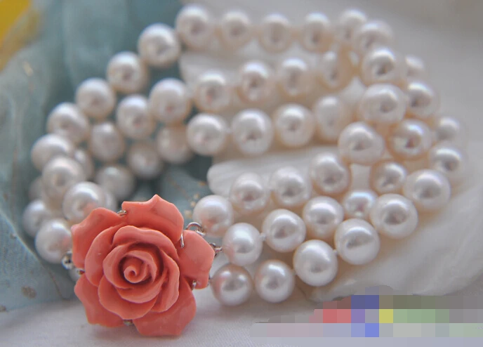 

Hot sell ->@@ 0821 3row 8" white round freshwater cultured pearl bracelet -Top quality free shipping
