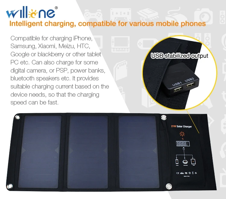 Carregador de Painel Solar com Armazenamento Willone 21 w dc Dupla Saída Usb Solar Portátil Carregador Bolsa 5 v - 18 DC Dupla Saída USB Carregador de Painel