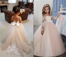 Ball Gown Round Neck Light Champagne Tulle Flower Girl Dress with Appliques Girls First Communion Dress Long Sleeves Custom Made 2017 champagne flower girl dresses long sleeves o ncek button sheer tulle ball gown first communion gowns vestidos longo custom