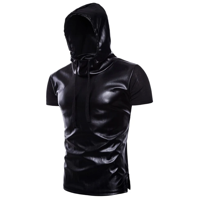 Men's Slim Patchwork PU leather Long Sleeve Sweatshirt Hoodies Tops 