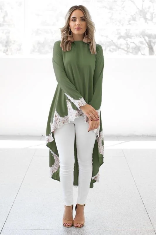 Модные повседневные рубашки с длинным рукавом в Дубае для женщин, пуловер с асимметричным подолом, однотонные топы, кружевные блузки, одежда для платья - Цвет: Зеленый