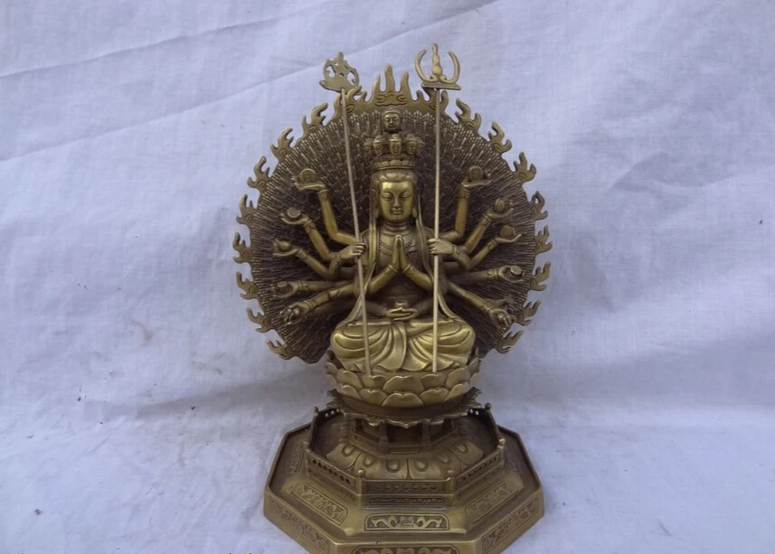 

Free Shipping USPS to USA S1354 10" Tibet Pure Brass 1000 Hands Arms Avalokitesvara Kwan-Yin Buddha Bowl Statue (B0328)