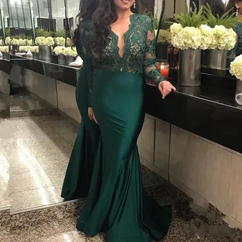 

Hunter Green Illusion Evening Dresses Long Sleeves Deep V Neck robe de soiree Custom made Mermaid Formal Women Party Gowns abiye