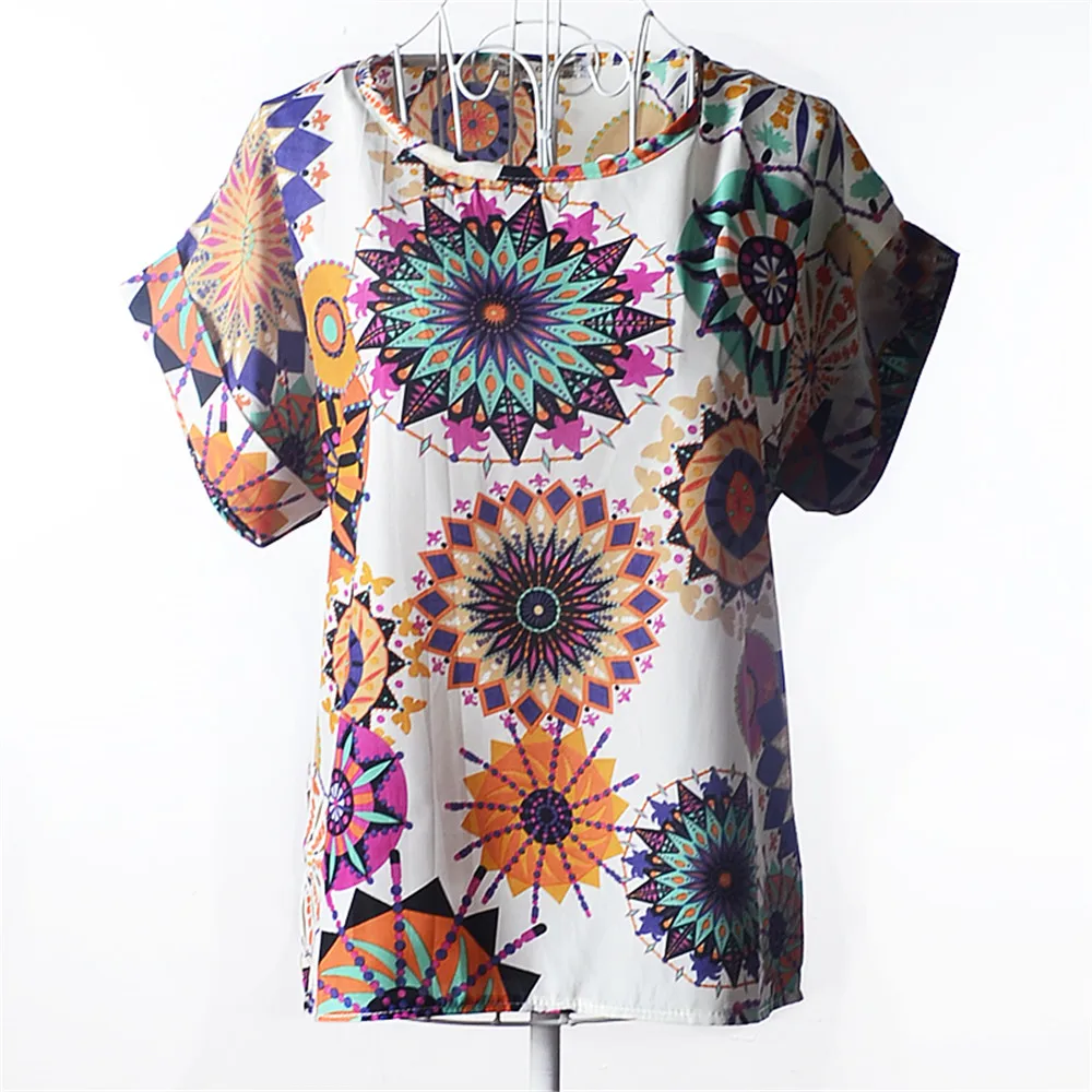 Summer Stars Blouse Women Sunflower Bird Chiffon Print Blouse Stripe Plaid Shirt Cross Love Blouse Short Sleeve Lipstick Shirts (44)