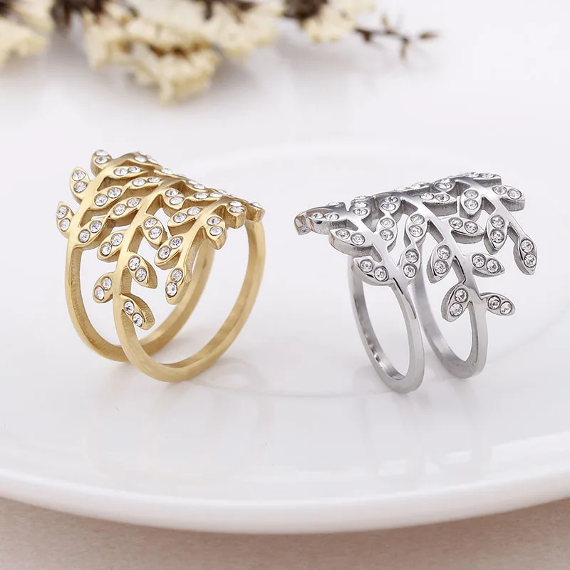 Fashion New Twig Leaves Wedding Ring AAA+ Cubic Zirconia Stainless Steel Ring for Women Personality Party Jewelry Gift