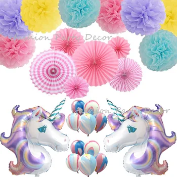 

Unicorn Party Favors Paper Fan Set Paper Pom Poms Unicorn Foil Balloon&Marble Balloon Baby Shower Party Supplies Wedding Decor