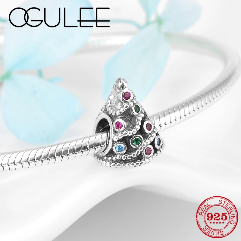 

925 Sterling Silver Christmas tree blue pink zircon charm beads womens accessories Fit Original Pandora Charm Bracelet Jewelry