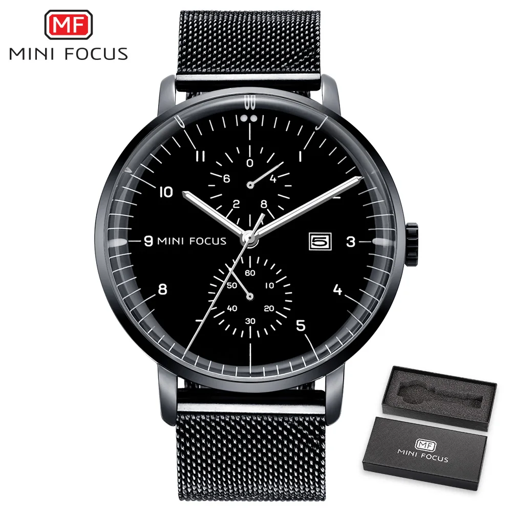 

MINIFOCUS Fashion Casual Black Watch Men Quartz Ultra Thin Mesh Strap 2 Dials Calendar Waterproof Dress Wrist Watches + Gift Box
