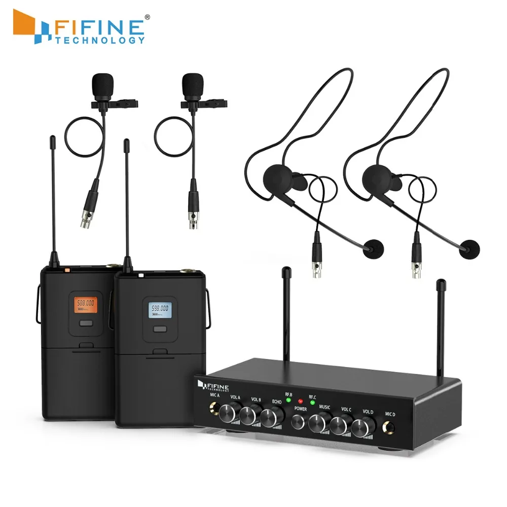 FIFINE UHF Беспроводная микрофонная система с 2 гарнитурами и лацканами петличный