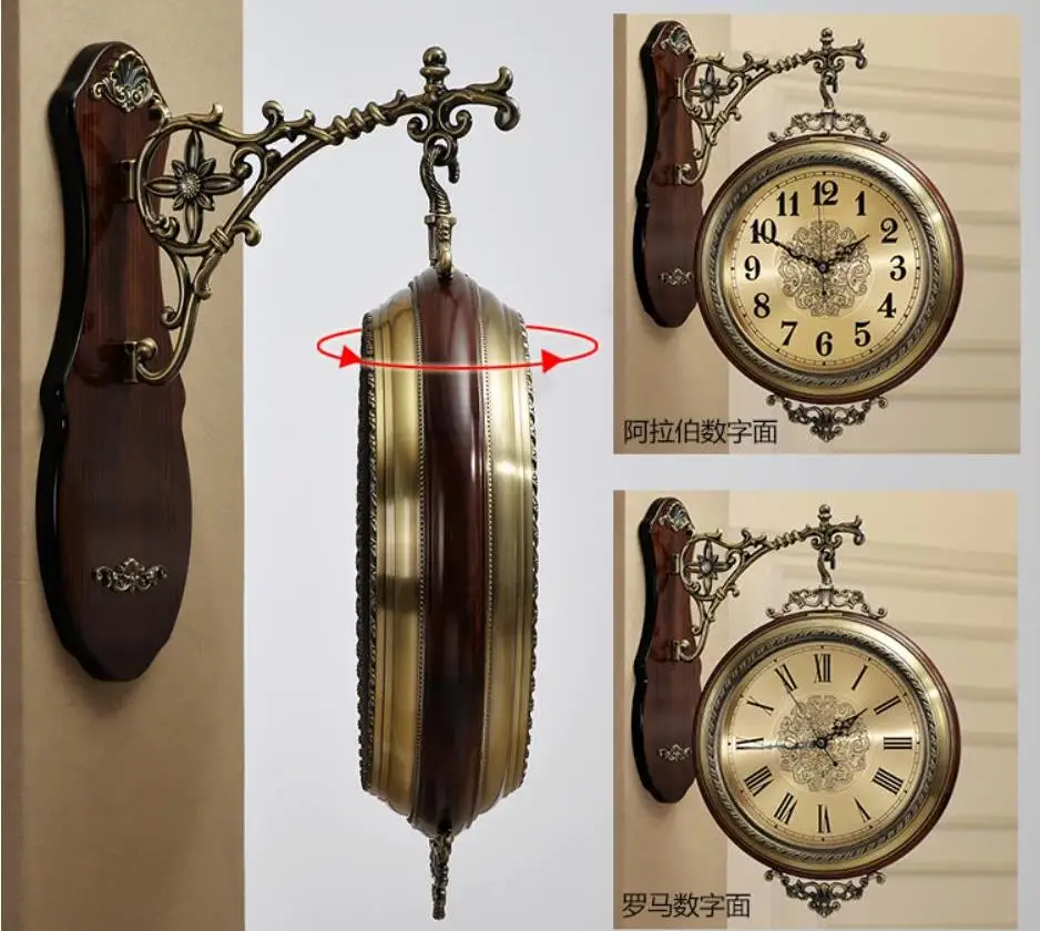 Роскошные Настенные часы со всеми металлическими Сторонами, модные часы с двойным лицом, ВИНТАЖНЫЕ КВАРЦЕВЫЕ ЧАСЫ в европейском стиле, большие бытовые настенные часы