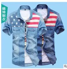M/3Xl Mens Summer Slim Denim Shirts Short Sleeves Flag Stitching Summer Denim Shorts Turn Down Collar Jeans Shirts J1447 M/3Xl Mens Summer Slim Denim Shirts Short Sleeves Flag Stitching Summer Denim Shorts Turn Down Collar Jeans Shirts J1447