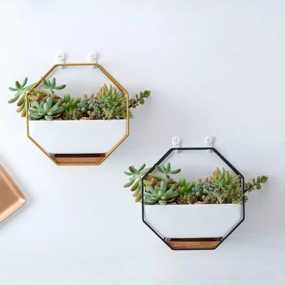 

Nordic Metal Iron Rack Ceramic Planter Pot Simple Octagonal Geometric Wall Hanging Ceramic Flower Pot Bamboo Tray Iron Frame