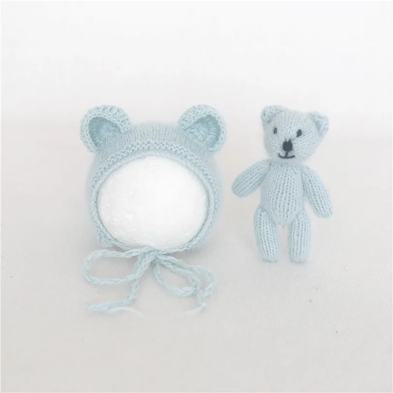 

Fluffy Teddy Bear Bonnet Toy Set Newborn Photography Props Knitted Fuzzy Stuffer Animal Toy Baby Soft Hat Photo Props