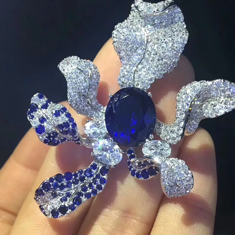 

Fashion Brooches_S925 Silver Plated White Gold Hand-set Blue Zircon ice-Ying Orchid Brooch Pin Noble Elegant Simple Female