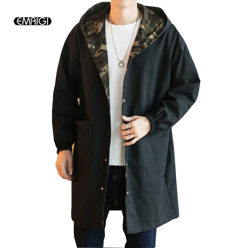 

New Style Winter Autumn Jacket Men Fashion Casual Double Side Trench Coat Male Long Loose Hooded Jacket Camouflage Overcoat