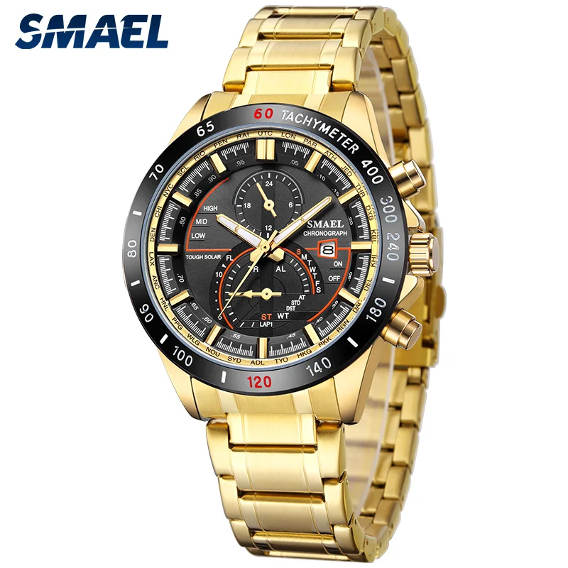 SMAEL Luxury Men Watches Gold Tone Stainless Steel Expansion Band Fashion Chronograph Quartz Watch Men Sport Wristwatch