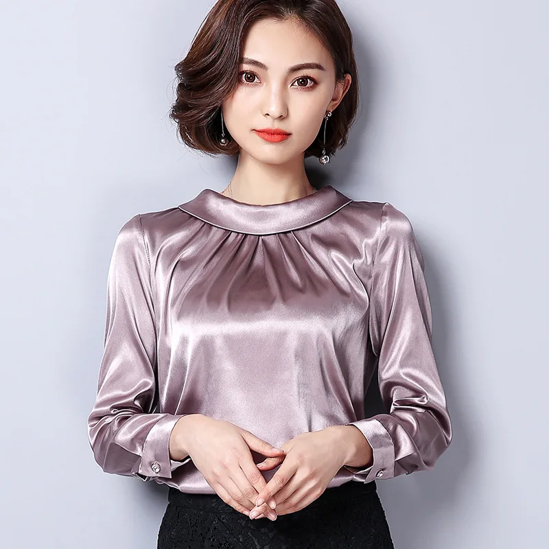 Women Satin Silky Shirt Vintage Pleated 